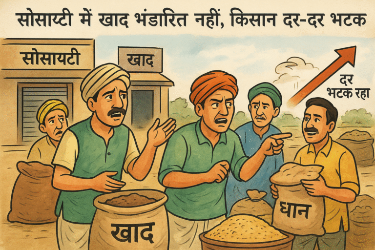 🌾 सोसायटियों में खाद भंडारित नहीं, किसान दर-दर भटक रहे – बाजार में दो से तीन गुना दाम पर कालाबाजारी