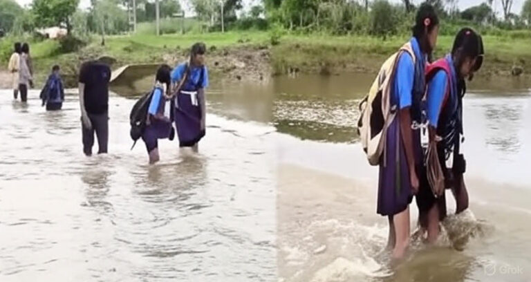 दुर्ग: जान जोखिम में डालकर स्कूल जाते बच्चे, उफनते नाले ने रोकी शिक्षा की राह